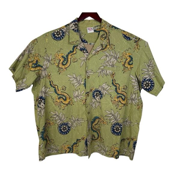 VTG Barefoot In Paradise Men’s 4XL Hawaiian Shirt Green Button Up Dragon Wheel - Picture 1 of 13